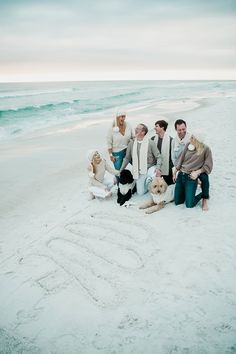 a group of people sitting on top of a sandy beach next to the ocean and writing in the sand