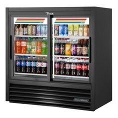 two glass door refrigerators filled with drinks and soda bottles on display in front of white background