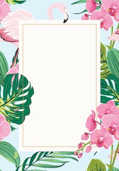 a square frame with pink flowers and green leaves on a light blue background that has a flamingo in the center