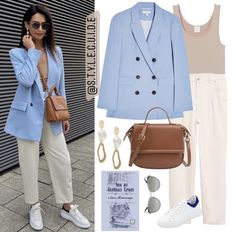 Styling Light Blue Blazer Women, Light Blue Business Casual Outfits, Blue Plaid Blazer Outfits For Women, Light Blue Jacket Outfits For Women, Light Blue And Beige Outfit, Light Blue Blazer Outfits For Women Work, Light Blue Vest Outfit, Light Beige Blazer Outfit, Blazer Celeste Outfits Mujer