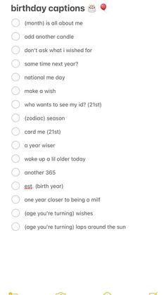 a birthday party checklist with the words happy birthday captions on it and an image of