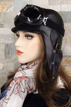 Women's black aviator hat Leather Windproof Hats For Outdoor Use, Leather Hat With Ear Flaps For Outdoor, Black Leather Hat For Outdoor, Black Aviator Hat For Outdoor, Black Motorcycle Cap, Adjustable Black Motorcycle Hat, Adjustable Windproof Aviator Hat, Black Leather Travel Hat, Black Leather Vintage Hat