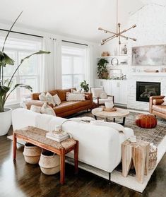 a living room filled with furniture and a fire place in the middle of a room