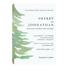 the watercolor pine tree wedding card is shown in green and white, with black ink