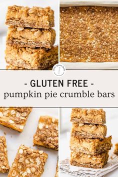 gluten free pumpkin pie crumble bars are stacked on top of each other