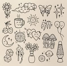 a drawing of various items that are drawn in ink on paper, including flowers and other things