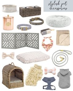 a collage of dog accessories including a bed, collars, leashes and other items