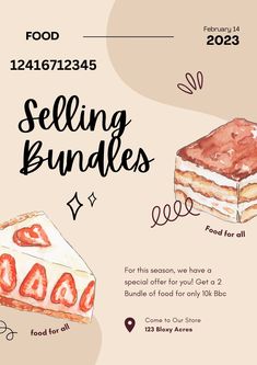 a flyer for a cake shop with an image of a slice of cake and the words selling