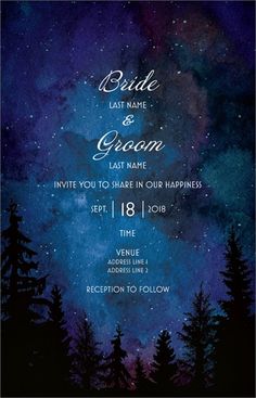 the starr night wedding card is shown in purple and black, with trees on it