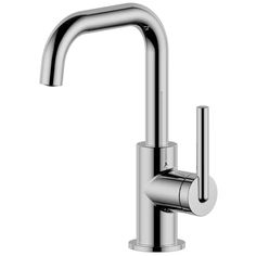 a chrome faucet on a white background with the handle extended to it's side