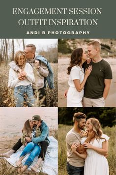 an engagement session with photos taken in the field and on the ground, including two people hugging