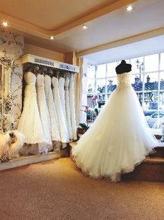 a wedding dress is displayed in front of a window with other bridal gowns on display