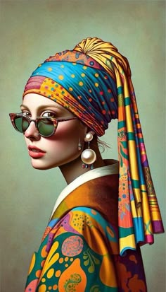 a painting of a woman wearing sunglasses and a colorful head scarf