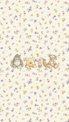 winnie the pooh and friends wallpaper in white with flowers on it's side