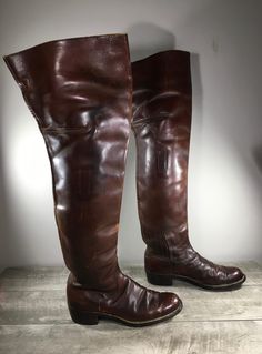 "Up on ETSY for buy it now is a pair of good condition, Vintage WWII WW2 Era Russet Leather Mens Motorcycle Biker Riding Soft Toe Boots. Made in USA! No size but fits a Size 9.5 medium US. Leather uppers. Leather soles and Goodyear rubber heels. From smoke-free home. Clean inside and out. Very well built and sturdy. Approximate Outside Dimensions: 11.75 inches heel to toe by 4.25 inches across the ball of footwear by 1.75 inches tall heels by 25 inches tall by 20.75 inches around top opening by Vintage Leather Moto Boots For Biker Events, Fitted Leather Moto Boots For Outdoor, Vintage Leather Riding Boots, Mens Tall Boots, Shoes Boots Combat, Tall Heels, Leather Over The Knee Boots, High Quality Boots, Mens Leather Boots