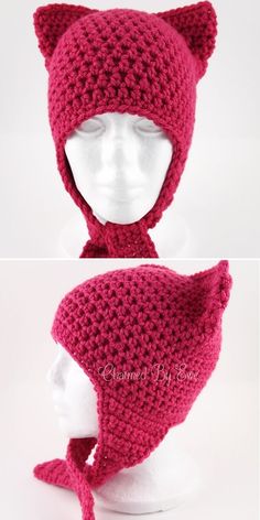 two pictures of a crocheted cat hat on a mannequin's head