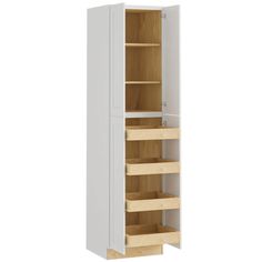 a tall white cabinet with wooden shelves on the bottom and bottom drawers in between it