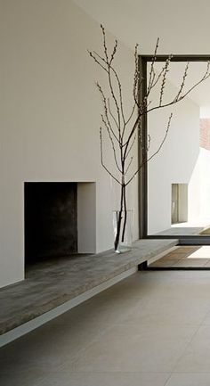 a living room with a fireplace and white walls