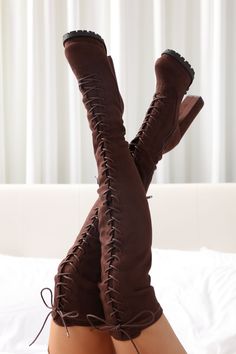 Available In Chocolate. 4.5" Ultra High Block Heel 1.5 Inch Platform Lace Up Over The Knee Inside Zipper Closure Imported | Ready Set Go Heeled Boots in Chocolate Brown size 8.5 by Fashion Nova Brown High Boots, Knee High Boots Dress, Chocolate Fashion, Ready Set Go, Fashion Nova Shoes, Platform Heels Chunky, Winter Fashion Outfits, Thigh High Boots, High Heel Boots