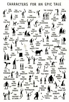 an old poster with different types of people and animals in black ink on white paper