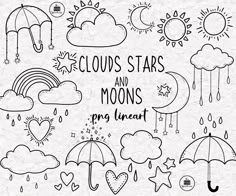 clouds, stars and moons are drawn in black ink