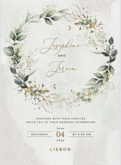 an elegant wedding card with greenery and leaves in the center, on a white background