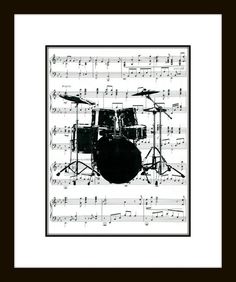 a black and white photo with musical notes on it, in the shape of a drum kit