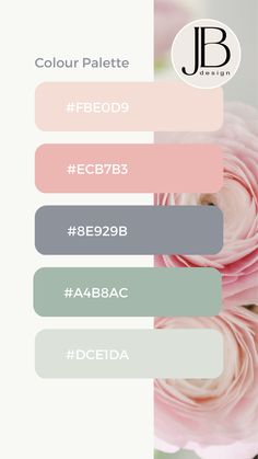 the color palette is pink, grey and white with flowers on it in different shades