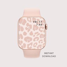 an apple watch with pink leopard print on the front and side, showing the time displayed