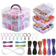 an assortment of crafting supplies including beads, bracelets and other items in plastic storage boxes