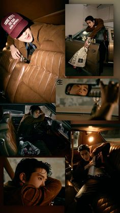 the collage shows many different images of people sitting on couches and in cars