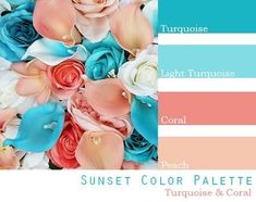 the color scheme is peach, turquoise, and white with flowers on it in different shades