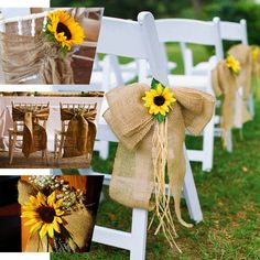 sunflowers and burlocks tied to the back of white chairs