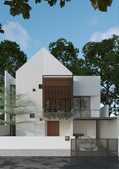 an artist's rendering of a modern house in the middle of trees and bushes