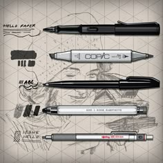 the different types of fountain pens are shown in this graphic art work, including one with an ink pen on it