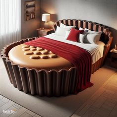 a large bed made out of chocolate chips on top of a white floor next to a window