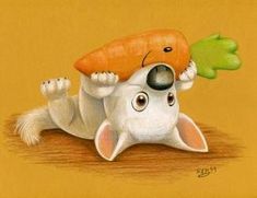 a drawing of a dog with a carrot on its head and eyes, laying down