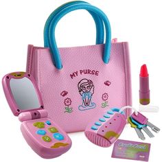 The perfect surprise for your little girl! Heres the perfect pretend play accessory set designed especially for 1, 2, and 3-year-old girls. This delightful toddler purse set is an ideal birthday gift for toddlers, sure to spark their imagination and provide endless hours of entertainment. This baby girl toys set includes a pink kids purse adorned with embroidered designs of a girl, flowers, and butterflies. Inside the purse, there are other accessories included like a toy cell phone, a car remote, lipstick, and a credit card  and yes, the batteries are included! Make playdates even more fun with the Dress Up America Girls Purse for Pretend Play! The little girl purse itself is made of mock leather with sturdy handles, making it perfect for little hands to carry around. The adorable pink an Mess Free Toddler Activities, Kids Credit Card, Kids Market, Toddler Purse, Kids Purse, America Girl, Princess Toys, Flip Phone, Pretend Play Toys