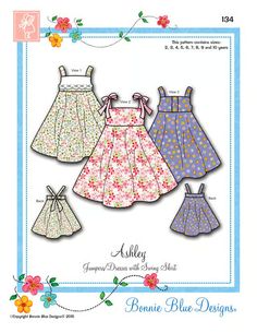 "Ashley", Jumpers/Dresses with Swing Skirt. Low elastic back w/easy fit. Swing style full skirt is fitted without gathers for a smooth look. Shoulder straps, ribbon tied straps or center back straps for lots of options. No buttons & No skirt placket! Doll Dress Patterns Free Printables, Free Toddler Dress Pattern, Doll Dress Patterns Free, Bonnie Blue, Toddler Dress Patterns, Big Girl Dresses, Beau Film, Blue Patterns, Baby Pattern