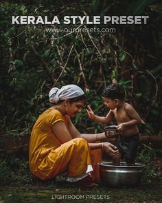 a woman sitting on the ground next to a child in front of a pot filled with water