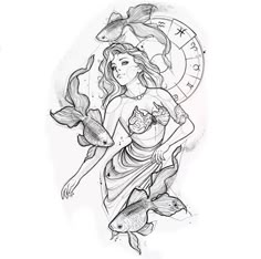 a drawing of a woman holding a fish in her right hand and the zodiac sign behind her