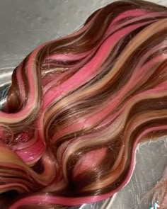 #hair #Neapolitan #Neapolitanhair #aesthetic Pink Orange And Blonde Hair, Brunette Skunk Hair, Blonde Brown And Pink Hair, Three Color Hair Dye Ideas, Brown Blonde Pink Hair, Pink Multicolor Hair, Brown Pink And Blonde Hair, Pink Calico Hair, Blonde Pink And Black Hair