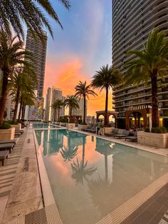 an empty swimming pool with palm trees and buildings in the background at sunset or dawn