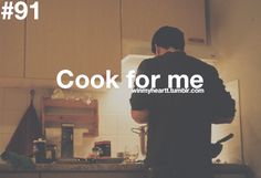 a man standing in front of a kitchen counter with the words cook for me on it