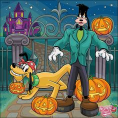 mickey mouse and goofy the dog in front of pumpkins