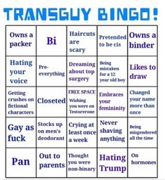 a blue and white poster with words on it that say, transsey bingo