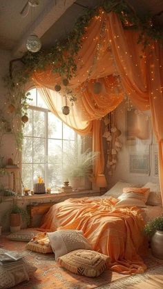 a bedroom with orange drapes and lights hanging from the ceiling