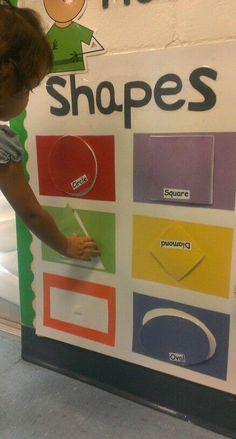 a person is writing on a sign that says shopes with different colors and shapes