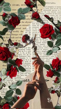 two hands reaching up to each other with red roses on top of them and an open book in the background