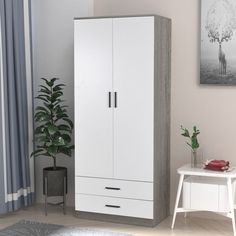 a white and grey armoire next to a potted plant in a living room